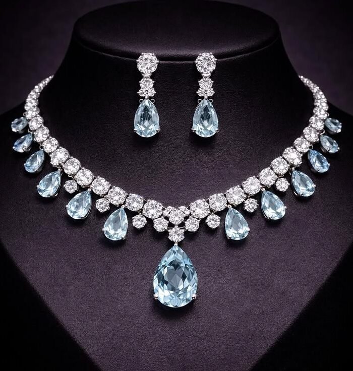 Aquamarine and Simulated Diamond Necklace set