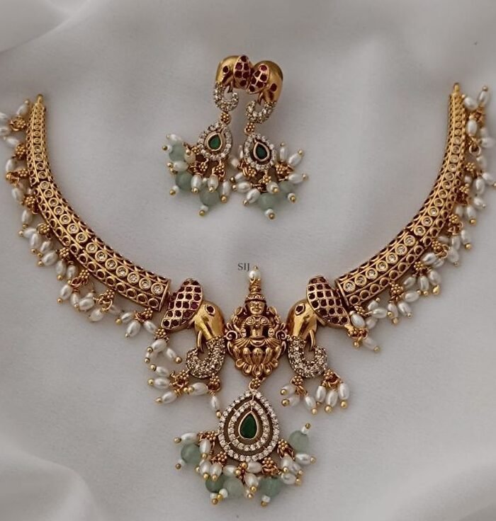 Pearl Necklace Set with Red & Green Stones