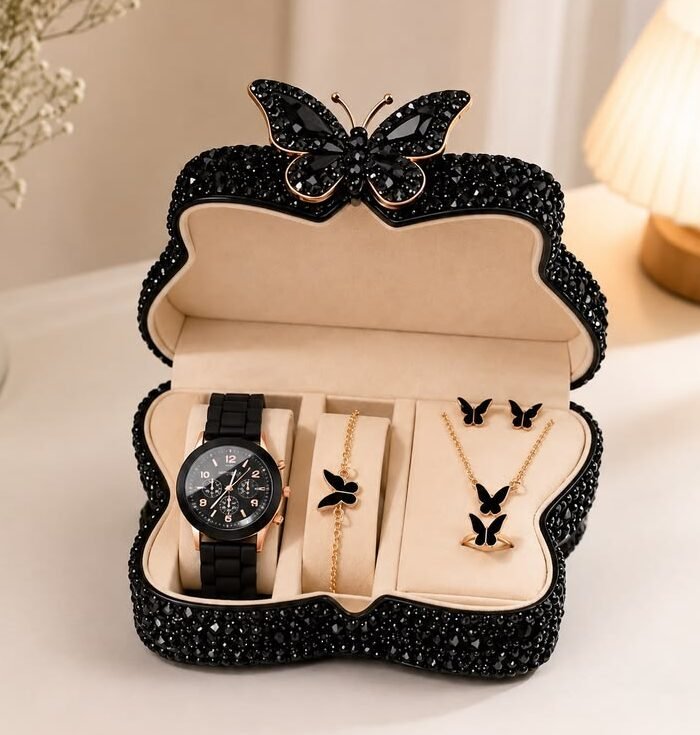 Elegant Black Butterfly Jewelry Box Set
