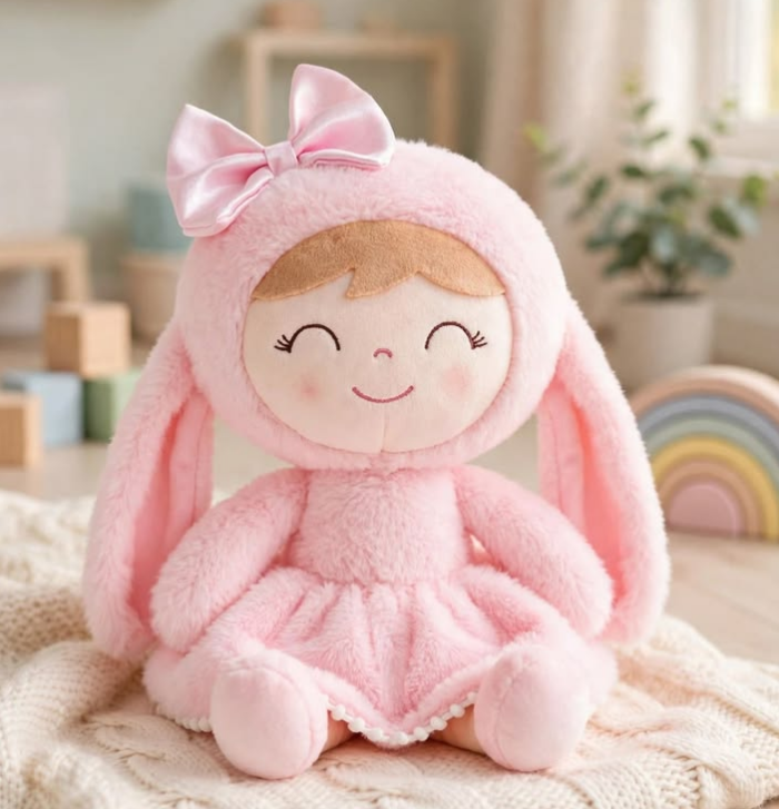 An adorable bunny soft toy with a soft, cuddly fee